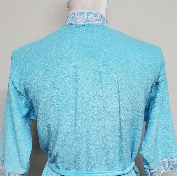 Rare Vintage 60s Dolphins Sky Blue Terrycloth Hawaiian Tie-Waist Mini Robe L - Picture 12 of 14